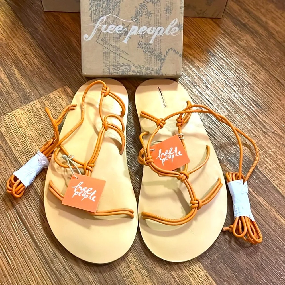 FREE PEOPLE So Strappy Sandals N Sunset Orange Leather Liner & Cord Straps